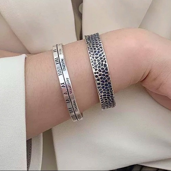 Sterling Silver Roman Numeral Bangle Cuff Bracelet - Picture 2 of 9